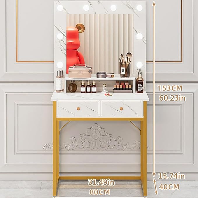 Vanity Desk with Mirror and Lights,Large Desktop Makeup Vanity Desk with 3 Color Modes Adjustable Bulb,2 Large Drawers for Bedroom/Hair Salon/Beauty Shop and Other Scenes White