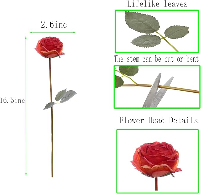 Kimura's Cabin 12pcs Lifelike Faux Silk Roses Flowers Vintage Artificial Rose with Stem Bouquet Fake Roses Dried Flower for Valentines Home Table Centerpiece Wedding Party DIY Decoration(Orange red)