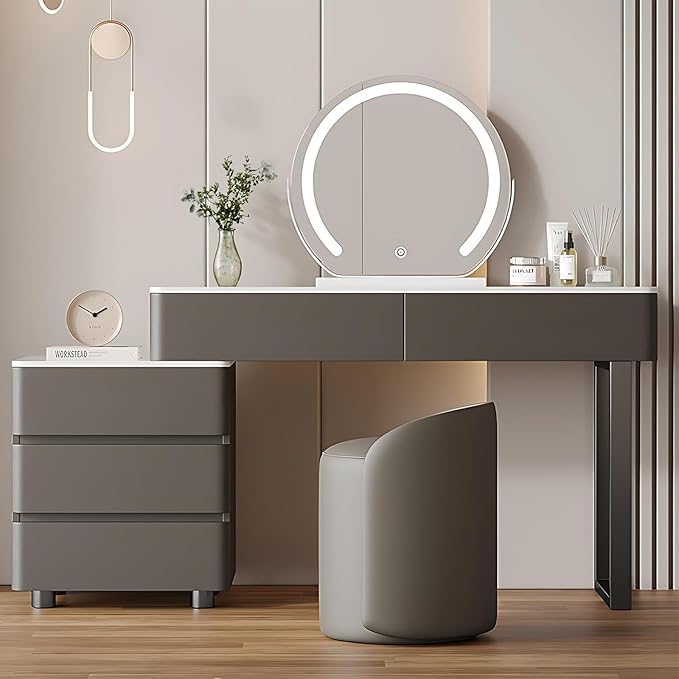 Solid Wood Vanity Desk, Modern Makeup Vanity with Drawers & Rock Slab Countertop and LED Light Mirror, Simple Dressing Table with Makeup Stool for Bedroom (Grey)