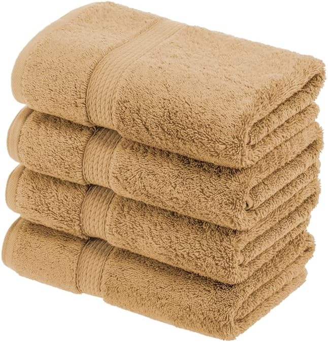 Superior Egyptian Cotton Pile Hand Towel Set of 4, Ultra Soft Luxury Towels, Thick Plush Essentials, Absorbent Heavyweight, Guest Bath, Hotel, Spa, Home Bathroom, Shower Basics, Toast