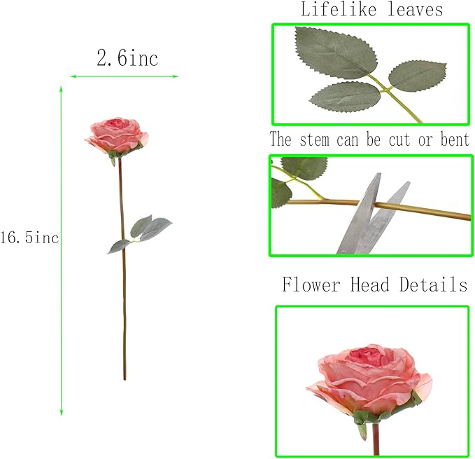 Kimura's Cabin 12pcs Pink Artificial Rose Flowers with Stems Realistic Vintage Fake Roses Bouquet for Home Table Centerpieces Wedding Party Arrangements Decoration Dried Flower (Pink