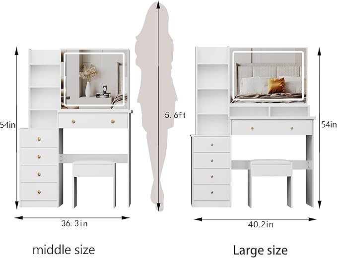 41" Vanity Desk with Mirror and Lights, Makeup Table with Led Mirror, 3 Lighting Colors, Vanity Set with Drawers and Stool for Bedroom, White