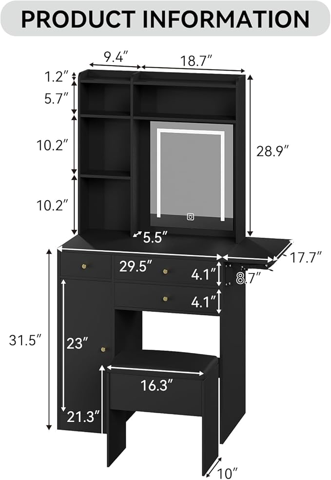 ARTETHYS Vanity Desk with Mirror and Lights Black Makeup Vanities Set with Storage Chair Dressing Table with Drawer and Fold-up Panel for Bedroom