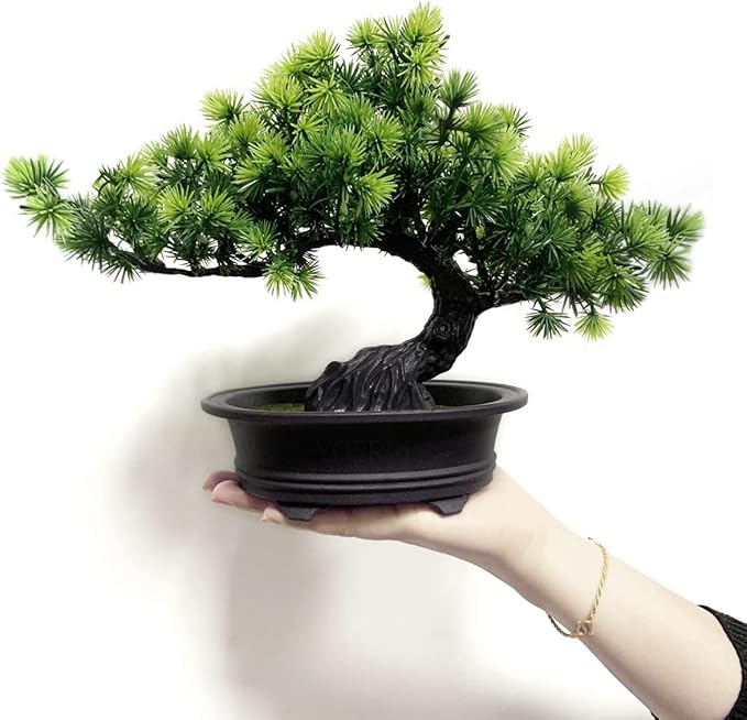 Artificial Bonsai Tree - Fake Plants for Home Decor, Bookshelf Coffee Table Office Desk Bathroom Farmhouse Indoor Decor, 9.5" Tall, Green