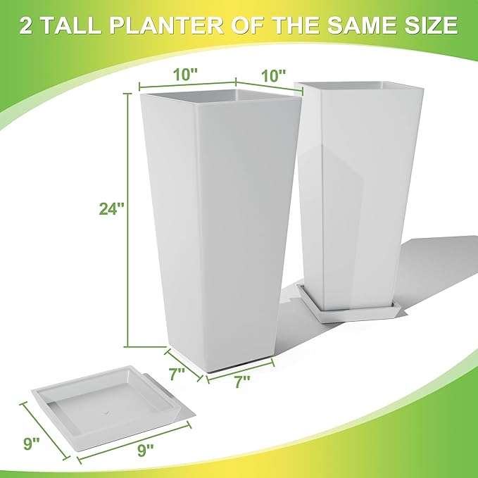 Set of 2 Tall Planters, 24" Large Indoor Outdoor Flower Pots with Tray, Modern Tapered Planters for Porch, Patio, Garden, Backyard(White)