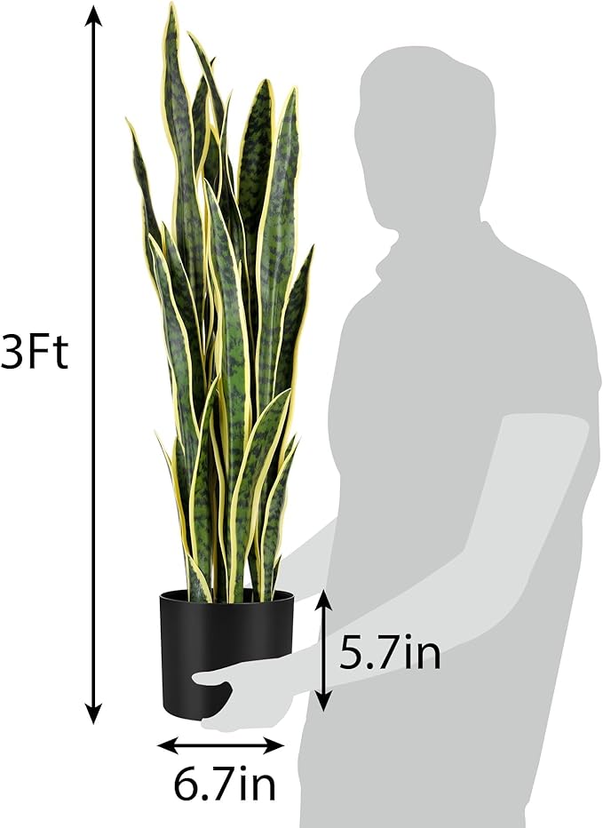 KOL 3ft 2PCS Artificial Snake Plant, 32 PVC Lifelike Leaves, 35in Faux Sansevieria for Indoor Home & Garden Decor, Potted Mother-in-Law's Tongue Plants, Yellow