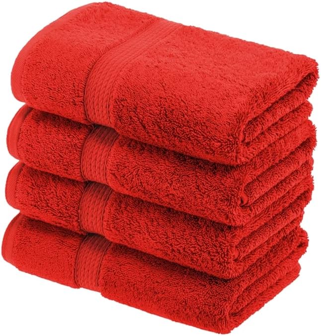 Superior Egyptian Cotton Pile Hand Towel Set of 4, Ultra Soft Luxury Towels, Thick Plush Essentials, Absorbent Heavyweight, Guest Bath, Hotel, Spa, Home Bathroom, Shower Basics, Red