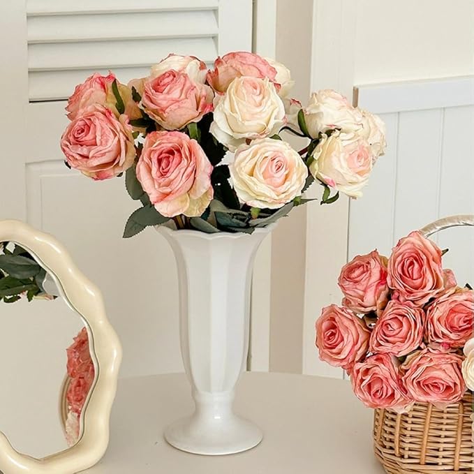 Kimura's Cabin 12pcs Pink Artificial Rose Flowers with Stems Realistic Vintage Fake Roses Bouquet for Home Table Centerpieces Wedding Party Arrangements Decoration Dried Flower (Pink