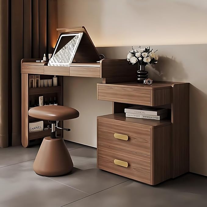 Mid Century Makeup Vanity - Solid Wood Vanity Set with Adjustable Makeup Stool and 5 Drawers, Storage Table Leg, Dressing Table Include Flip Makeup Mirror for Bedroom (Walnut Color,39'')