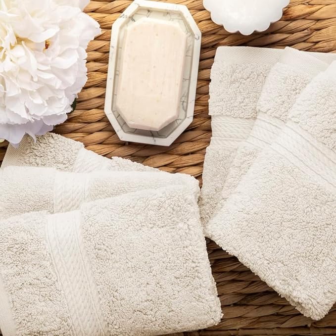 Superior Egyptian Cotton Pile Face Towel/Washcloth Set of 6, Ultra Soft Luxury Towels, Thick Plush Essentials, Absorbent Heavyweight, Guest Bath, Hotel, Spa, Home Bathroom, Shower Basics, Cream