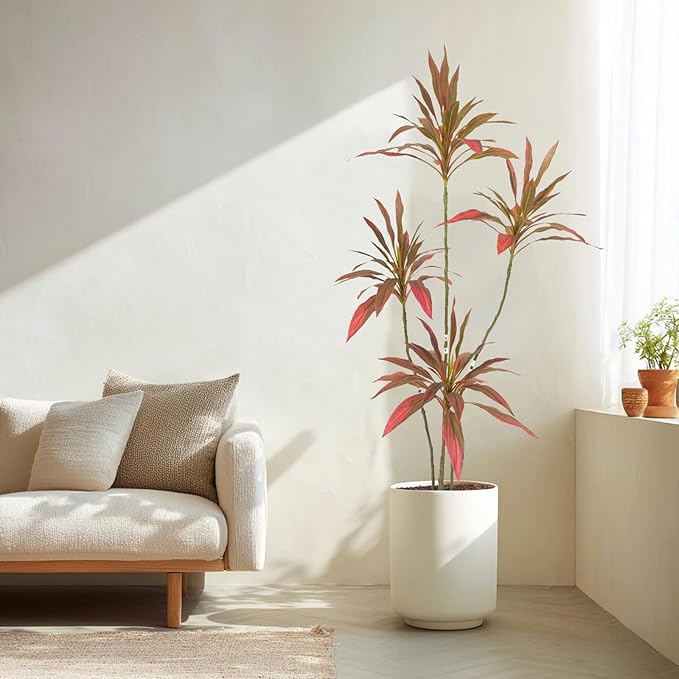 Artificial Cordyline Plant, Indoor Potted Plant, 4 Stems with Black Planter, Suitable for Large Indoor Living Room Decorations, Potted Plants, and Window Display Scenes (Red-5.3ft)