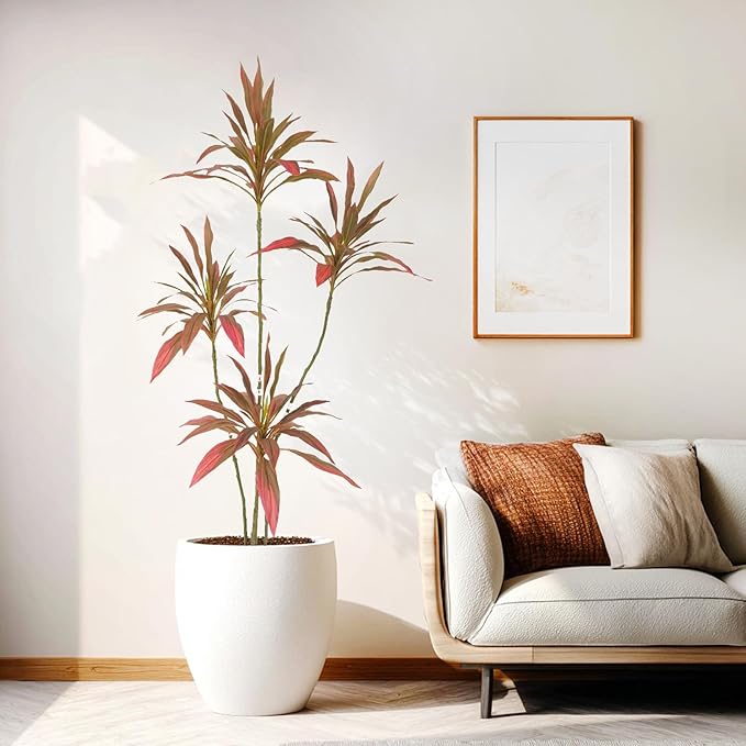 Artificial Cordyline Plant, Indoor Potted Plant, 4 Stems with Black Planter, Suitable for Large Indoor Living Room Decorations, Potted Plants, and Window Display Scenes (Red-5.3ft)