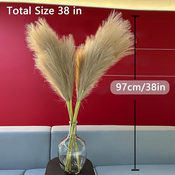 38" 10 Stems Faux Pampas Grass Decor - Tall Pampas Grass for Floor Vase Fluffy Artificial Pampas Grass for Boho Home Wedding Mothers Day Decoration（Brown）