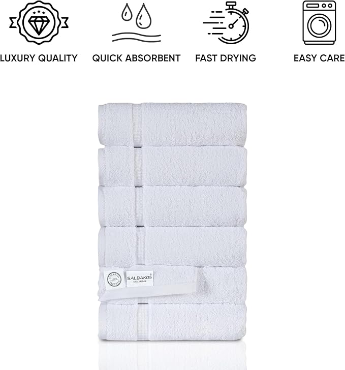 SALBAKOS 100% Turkish Cotton Hand Towel Set of 6 16x30 inch | Heirloom Quality | Hotel & Spa Collection | Ultra Soft, Super Absorbent, Long Lasting Hand Towels | Made in Turkey (White, 6 Hand Towels)