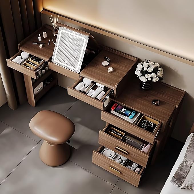 Mid Century Makeup Vanity - Solid Wood Vanity Set with Adjustable Makeup Stool and 5 Drawers, Storage Table Leg, Dressing Table Include Flip Makeup Mirror for Bedroom (Walnut Color,39'')