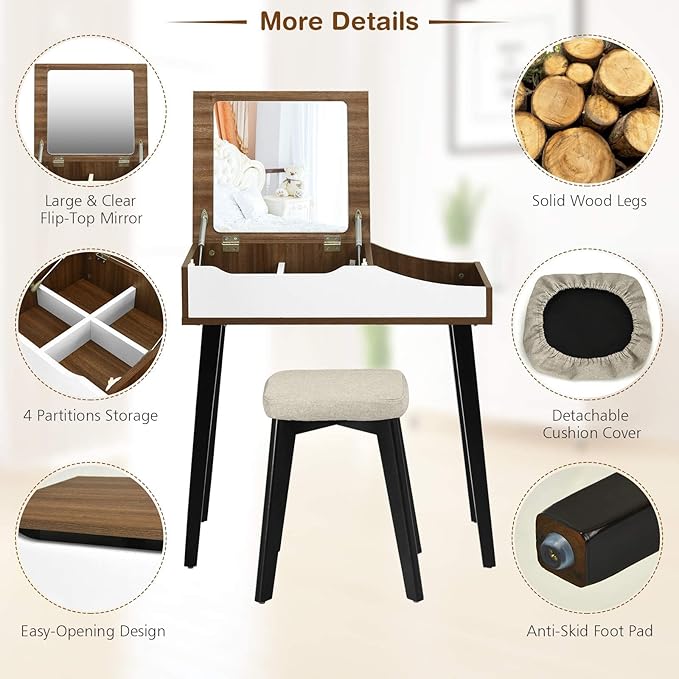 CHARMAID Vanity Desk with Flip Top Mirror, Storage Compartments, Removable Dividers, Bedroom Makeup Dressing Table, Wooden Vanity Set Writing Desk with Stool for Kids Girls Women
