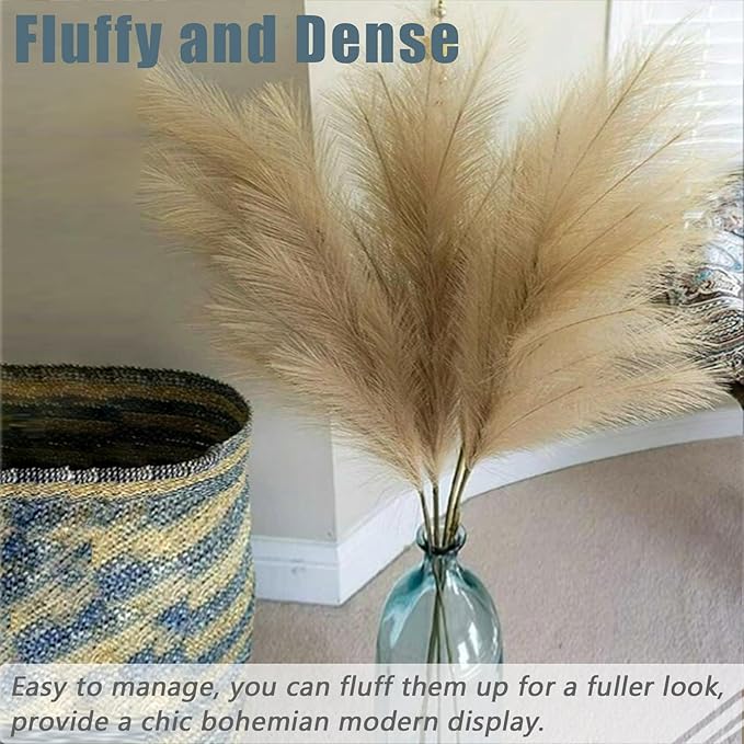38" 10 Stems Faux Pampas Grass Decor - Tall Pampas Grass for Floor Vase Fluffy Artificial Pampas Grass for Boho Home Wedding Mothers Day Decoration（Brown）