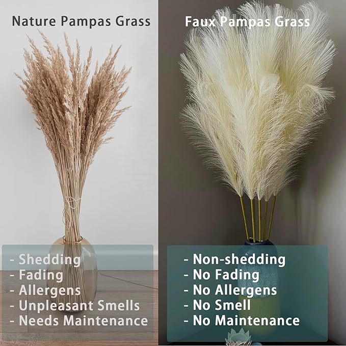 38" 10 Stems Faux Pampas Grass Decor - Tall Pampas Grass for Floor Vase, Boho Home Wedding Mothers Day Decoration (Beige)