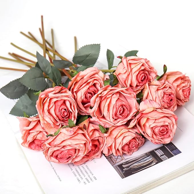 Kimura's Cabin 12pcs Pink Artificial Rose Flowers with Stems Realistic Vintage Fake Roses Bouquet for Home Table Centerpieces Wedding Party Arrangements Decoration Dried Flower (Pink