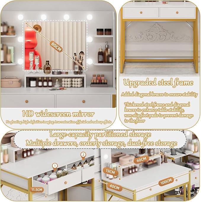 Vanity Desk with Mirror and Lights,Large Desktop Makeup Vanity Desk with 3 Color Modes Adjustable Bulb,2 Large Drawers for Bedroom/Hair Salon/Beauty Shop and Other Scenes White