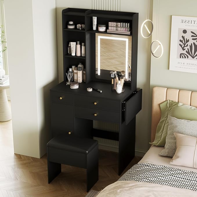 ARTETHYS Vanity Desk with Mirror and Lights Black Makeup Vanities Set with Storage Chair Dressing Table with Drawer and Fold-up Panel for Bedroom