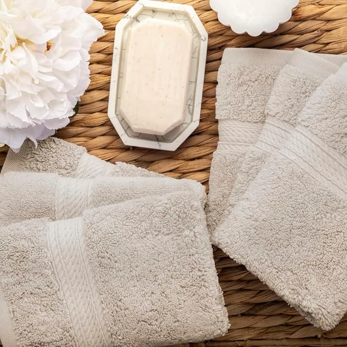 Superior Egyptian Cotton Pile Face Towel/Washcloth Set of 6, Ultra Soft Luxury Towels, Thick Plush Essentials, Absorbent Heavyweight, Guest Bath, Hotel, Spa, Home Bathroom, Shower Basics, Stone