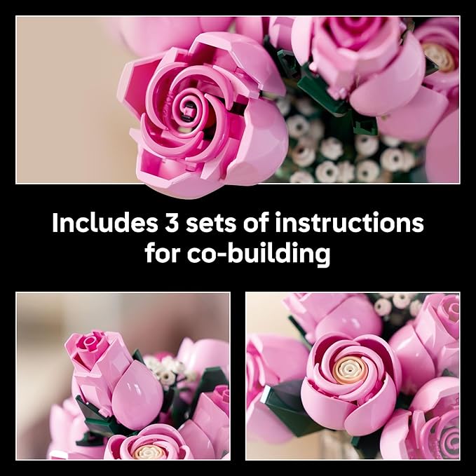 LEGO Botanicals Bouquet of Pink Roses Artificial Flowers - Building Blocks for Adults, Ages 18+ - Flowers for Home Office, Shelf or Room Decor - Gift for Women & Men - 10374