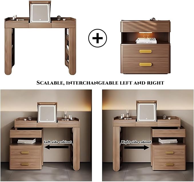 Mid Century Makeup Vanity - Solid Wood Vanity Set with Adjustable Makeup Stool and 5 Drawers, Storage Table Leg, Dressing Table Include Flip Makeup Mirror for Bedroom (Walnut Color,39'')