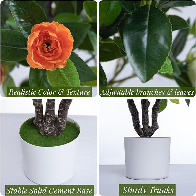 Artificial Camellia Tree 35in Faux Floral Plant with Red Flowers and Green Leaves - No Maintenance Indoor Outdoor Office Home Porch Decor Housewarming Gift(1 Pack - RED)