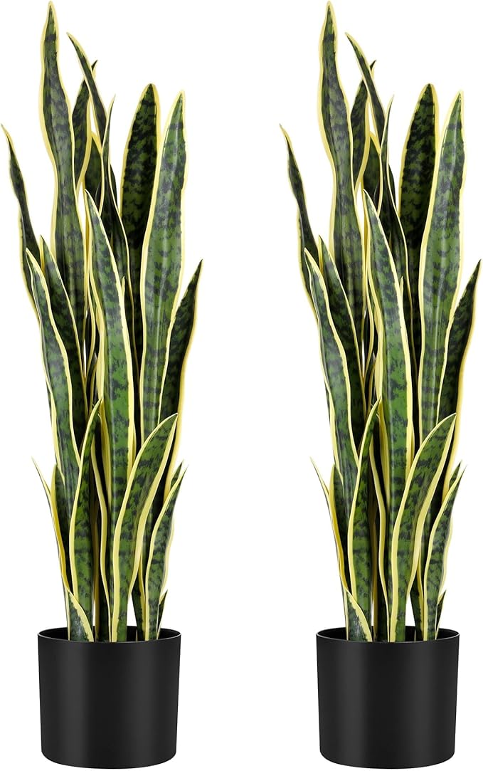 KOL 3ft 2PCS Artificial Snake Plant, 32 PVC Lifelike Leaves, 35in Faux Sansevieria for Indoor Home & Garden Decor, Potted Mother-in-Law's Tongue Plants, Yellow