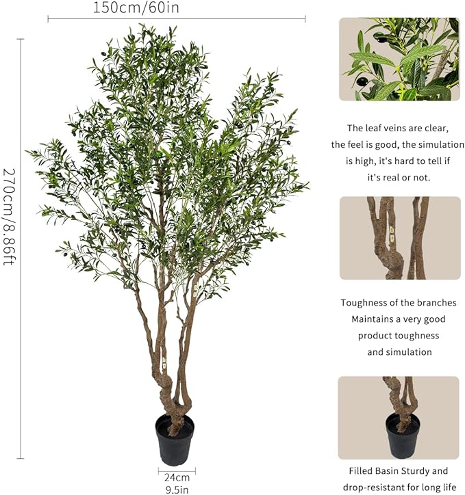 Artificial Olive Tree - 9ft Tall Fake Olive Plant in Pot - Faux Silk Tree for Indoor