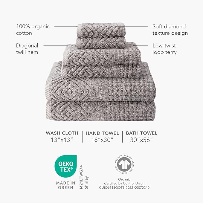 Texere 100% Organic Cotton Diamond Jacquard 700 GSM Luxury Bath Towel Sets - Ultra Soft and Absorbent Hotel and Spa Quality (Diamond, Black, 2 Bath & 2 Hand Towels)