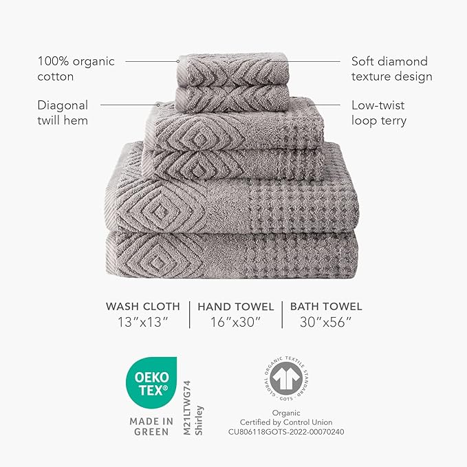 Texere 100% Organic Cotton Diamond Jacquard 700 GSM Luxury Bath Towel Sets - Ultra Soft and Absorbent Hotel and Spa Quality (Diamond, Cream, 2 Hand & 2 Face Towels)