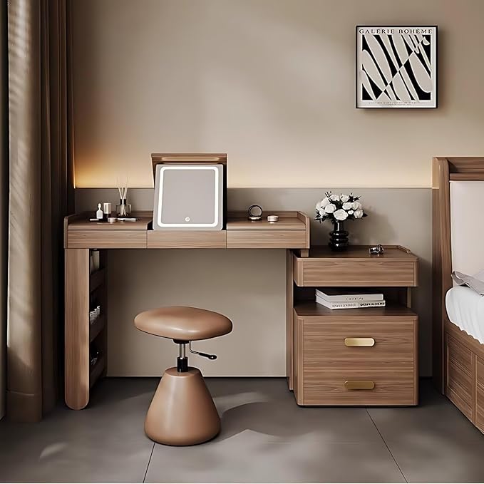 Mid Century Makeup Vanity - Solid Wood Vanity Set with Adjustable Makeup Stool and 5 Drawers, Storage Table Leg, Dressing Table Include Flip Makeup Mirror for Bedroom (Walnut Color,39'')
