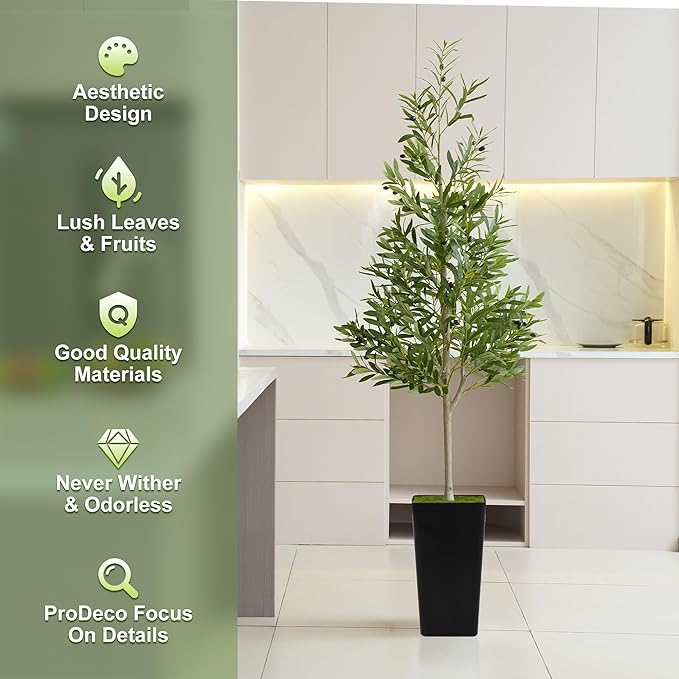 PeoDeco Artificial Faux Olive Tree 6ft Tall Realistic Fake Floor Green Silk House Potted Plants Large for Bedroom Living Room Home Office Decor Indoor Outdoor with Pot