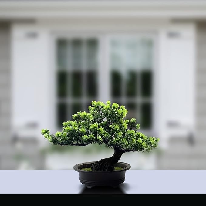 Artificial Bonsai Tree - Fake Plants for Home Decor, Bookshelf Coffee Table Office Desk Bathroom Farmhouse Indoor Decor, 9.5" Tall, Green