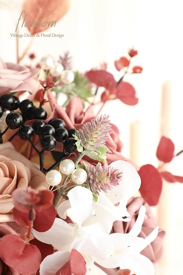 Floroom Artificial Greenery Stems Box Set, 30pcs with 7 Kinds of Faux Greenery Flowers Picks for DIY Bridal Bouquets Wedding Floral Arrangement Table Centerpieces, Burgundy & White