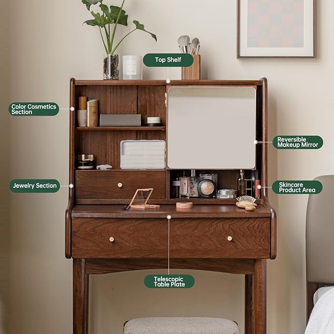 Small Vanity Desk with Mirror, Solid Wood Dressing Table, Movable Drawer Divider, Extendable Table Board for Bedroom, Walnut Color, 25" D x 16.5" W x 50" H