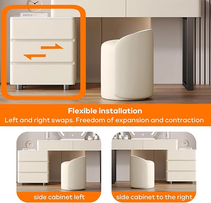 Solid Wood Vanity Desk, Modern Makeup Vanity with Drawers & Rock Slab Countertop and LED Light Mirror, Simple Dressing Table with Makeup Stool for Bedroom (Grey)