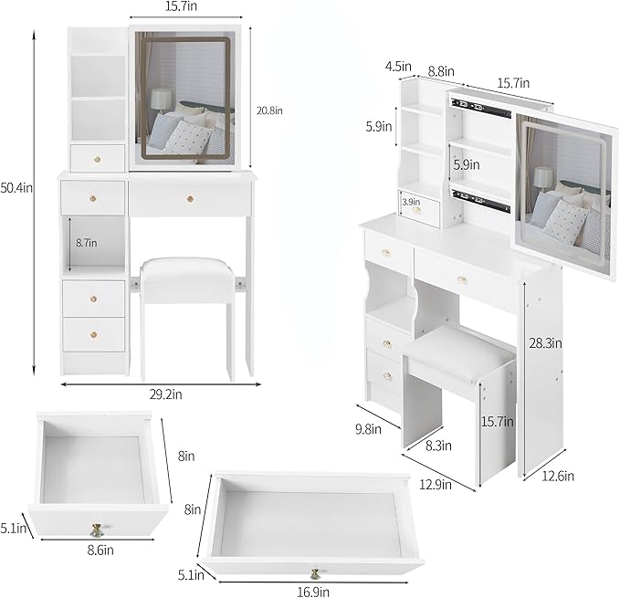 29.2" Small Vanity Desk with Mirror and Lights, Makeup Table with Led Lights and Sliding Mirror, 3 Lighting Colors, Vanity Set with 5 Drawers and Stool for Small Space Bedroom, White