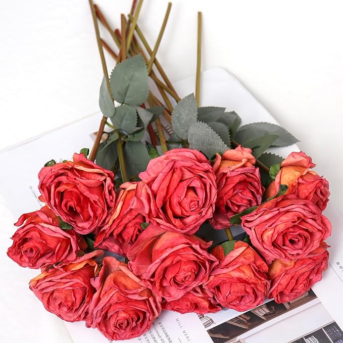 Kimura's Cabin 12pcs Lifelike Faux Silk Roses Flowers Vintage Artificial Rose with Stem Bouquet Fake Roses Dried Flower for Valentines Home Table Centerpiece Wedding Party DIY Decoration(Orange red)