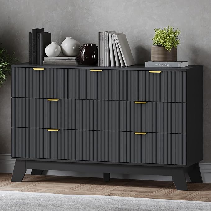 Fluted 7 Drawer Dresser, 47.2" Wide Modern Boho Chest of Drawers, Wooden Storage Dresser TV Stand for Bedroom, Living Room, Closet, Hallway, Curved Profile Design
