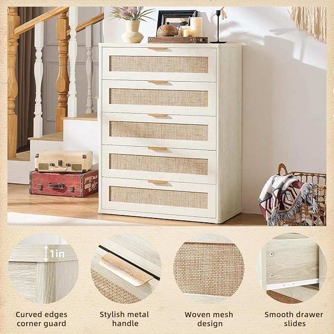 LEYAOYAO Rattan Dresser for Bedroom Set 2, 41" Tall Chest of Drawers, Modern 5 Drawers Boho Dressers with Storage, Light Oak Dresser Wooden Closet Organizer for Living Room, Hallway, Natural Wood