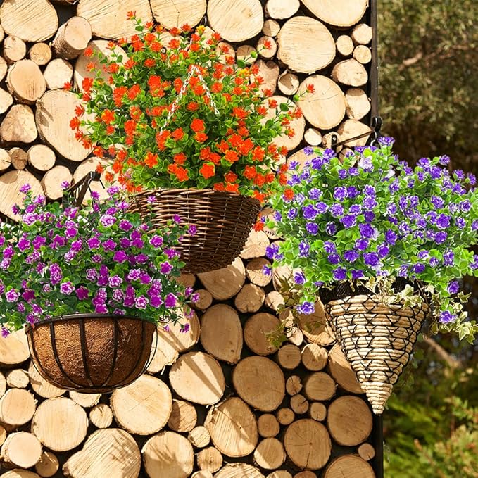 10 Bundles Artificial Fake Flowers, Faux Outdoor Plastic Plants UV Resistant Shrubs Outside Indoor Decorations (Orange-Eucalyptus)