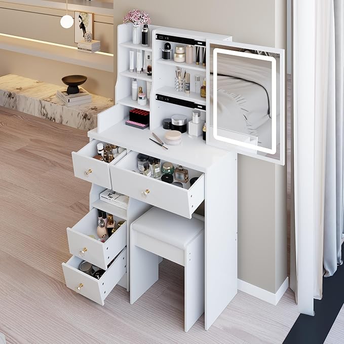 29.2" Small Vanity Desk with Mirror and Lights, Makeup Table with Led Lights and Sliding Mirror, 3 Lighting Colors, Vanity Set with 5 Drawers and Stool for Small Space Bedroom, White