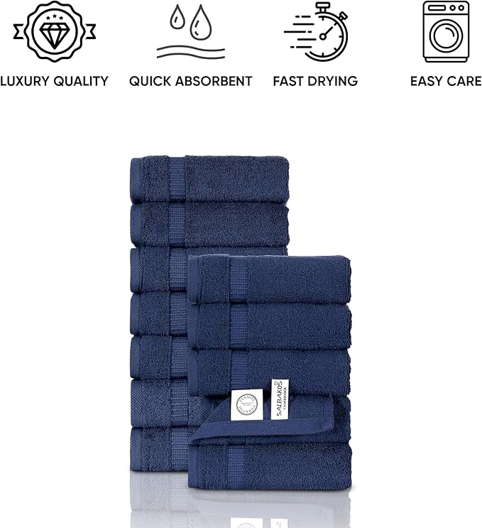 SALBAKOS 100% Turkish Cotton Washcloth Set of 12 13x13 inch | Heirloom Quality | Hotel & Spa Collection | Ultra Soft, Super Absorbent, Washcloth Towels | Made in Turkey (Navy, 12 Washcloths)