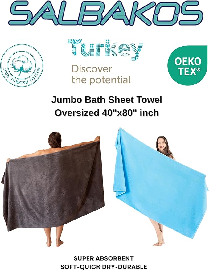 SALBAKOS 100% Turkish Cotton Jumbo Bath Sheet Towel Oversized 40x80 inch | Premium Hotel & Spa Quality, Soft, Absorbent, XL Bath Towels | Made in Turkey (Pack of 1, Gray)