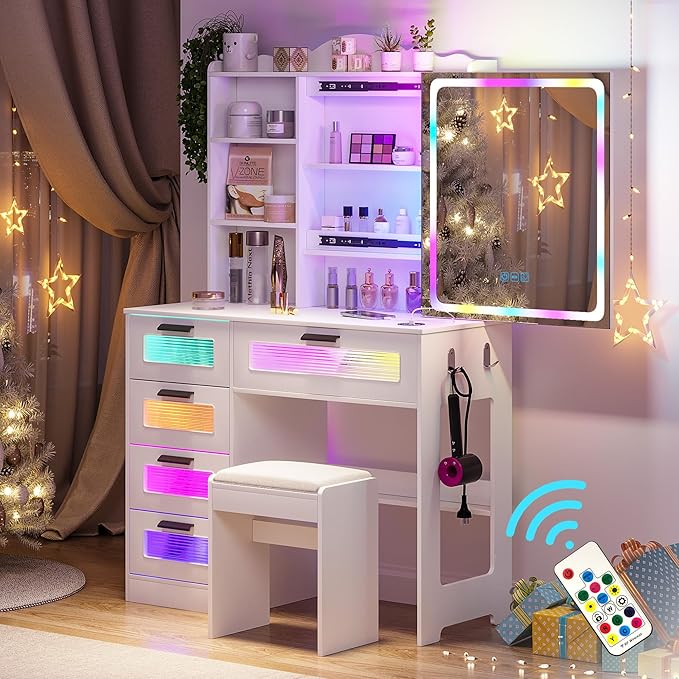 Vanity Desk with Lights and Sliding Mirror, Makeup Vanity Desk with Charging Station, Vanitys Dressing Table with Stool,LED Vanity Set with Large Drawers&Shelves for Bedroom, Decor, White