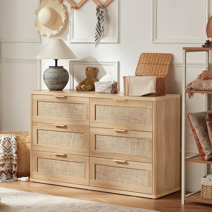 LEYAOYAO Rattan 6 Drawer Dresser for Bedroom, Boho 48" Wide Natural Wood Dresser Chest of Drawers, Dressers TV Stand with Metal Handle, Storage Dressers Closet Organizer for Living Room, Hallway