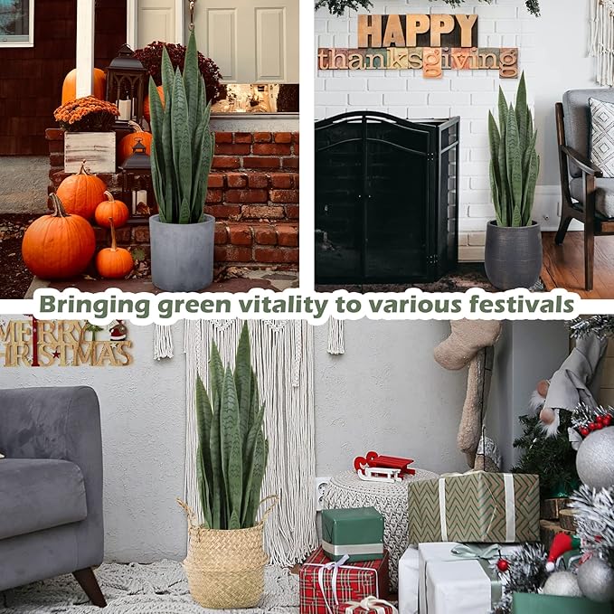 Worth Garden 3ft Artificial Snake Plant Fake Sansevieria Indoor Outdoor, 28 Thick Leaves Lifelike Faux Silk Plant, Home Decor Mother in Law Tongue Plant 35in, with Black pot & Dry Moss Included, Green